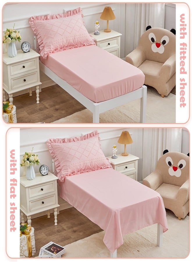 Cozyholy 4 Piece Boho Tufted Toddler Bedding Set for Girls Pink Ruffle Crib Bed Sheets Set Soft Jacquard Embroidery Toddler Comforter Set Bed in a Bag | Include Comforter, Flat Sheet, Fitted Sheet, Pillowcase - Image 3