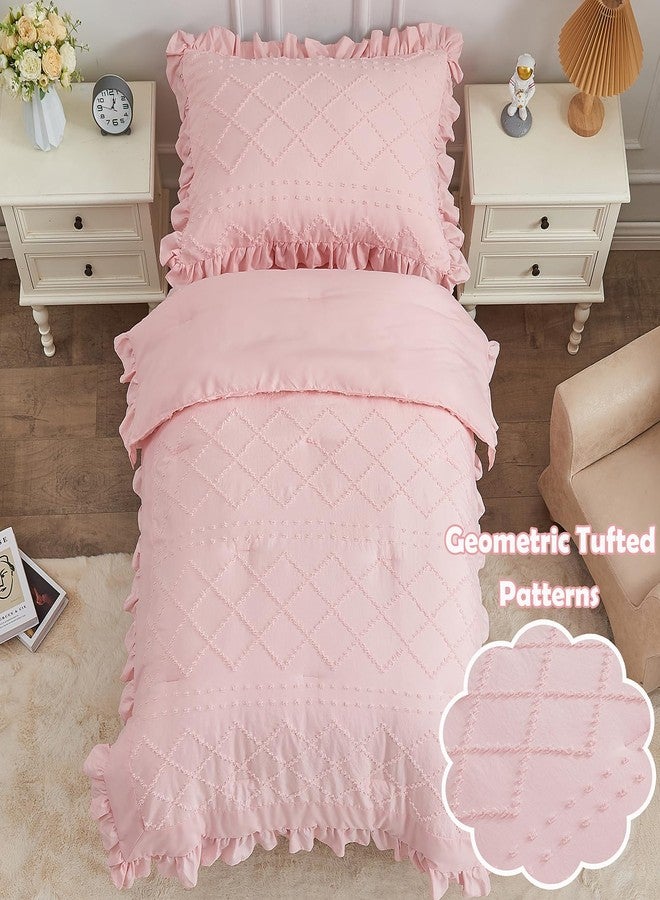 Cozyholy 4 Piece Boho Tufted Toddler Bedding Set for Girls Pink Ruffle Crib Bed Sheets Set Soft Jacquard Embroidery Toddler Comforter Set Bed in a Bag | Include Comforter, Flat Sheet, Fitted Sheet, Pillowcase - Image 2