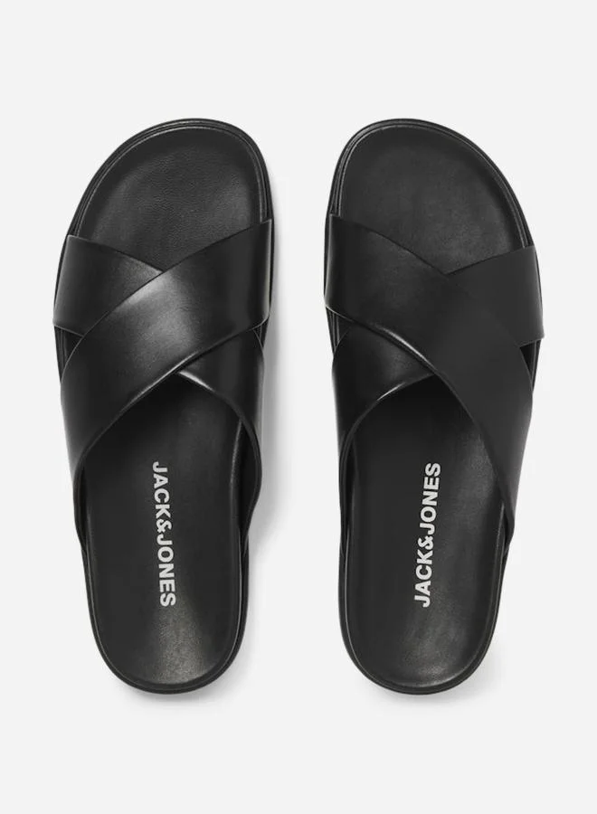 JACK & JONES Jack and Jones Black Leather Cross Strap Sandals