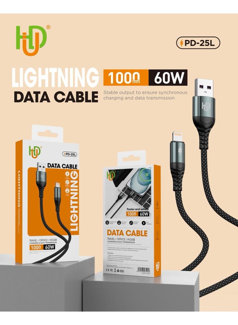 USB to Lightning PD-25L Fast Charging Cable 60W, 1000mm Durable Data Transfer & Charging Cable for iPhone, iPad, and Apple Devices - High-Speed Lightning Cable