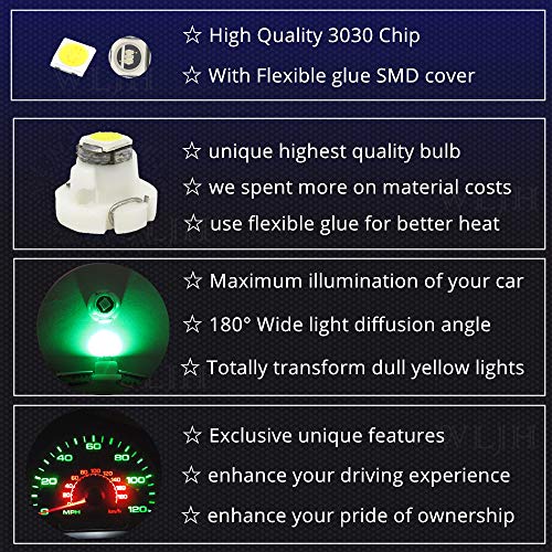 WLJH 10x Green T3 Neo Wedge Led 3030 SMD Chip 8mm Base Car Instrument Cluster Light Dashboard Gauge HVAC AC Heater Climate Control Lamps Switch Indication Interior Bulb Replacement - Image 2