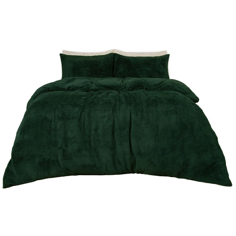Brentfords Forest Green Bedding Teddy Fleece Double Duvet Set Fluffy Soft Warm Christmas Duvet Double with Matching Pillowcases Winter Bedding Double Bed Set
