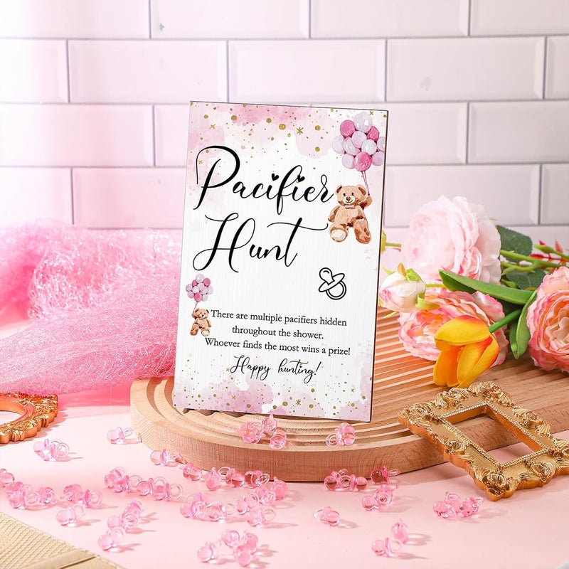 Roowest 51 Pcs Pacifier Hunt Baby Shower Game Include Wooden Hunt Sign Bear Themed Baby Shower Sign Board with 50 Acrylic Pacifier Game for Gender Reveal PartyPink - Image 5