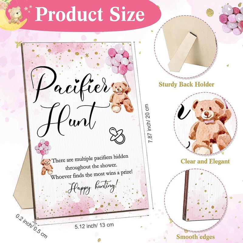 Roowest 51 Pcs Pacifier Hunt Baby Shower Game Include Wooden Hunt Sign Bear Themed Baby Shower Sign Board with 50 Acrylic Pacifier Game for Gender Reveal PartyPink - Image 3