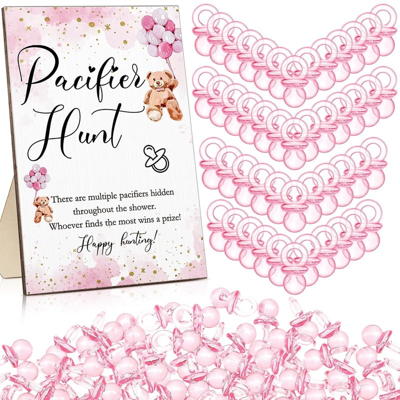 Roowest 51 Pcs Pacifier Hunt Baby Shower Game Include Wooden Hunt Sign Bear Themed Baby Shower Sign Board with 50 Acrylic Pacifier Game for Gender Reveal PartyPink - Image 1