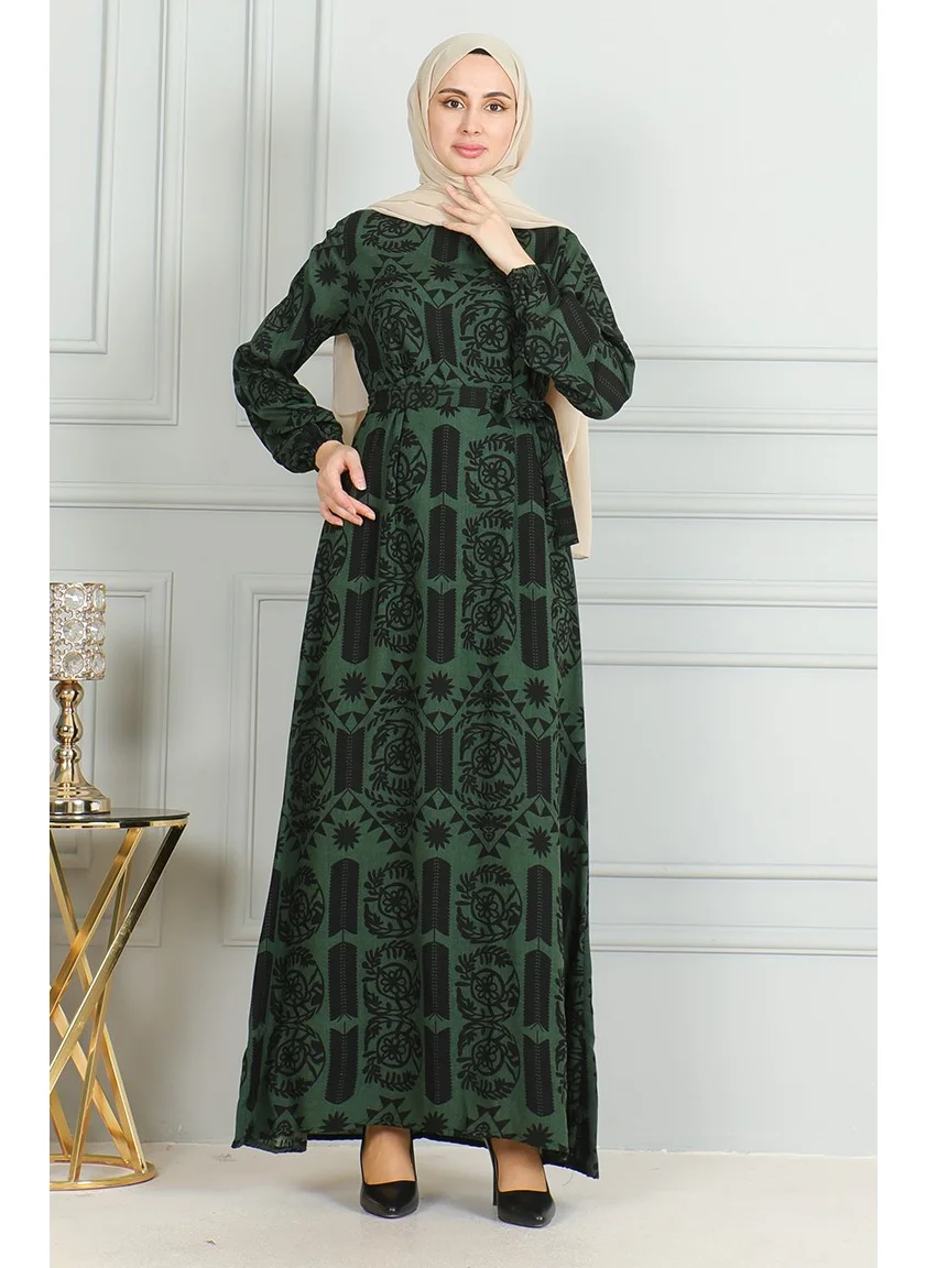 Sefa Merve Patterned Belted Viscose Dress 0499-04 Khaki