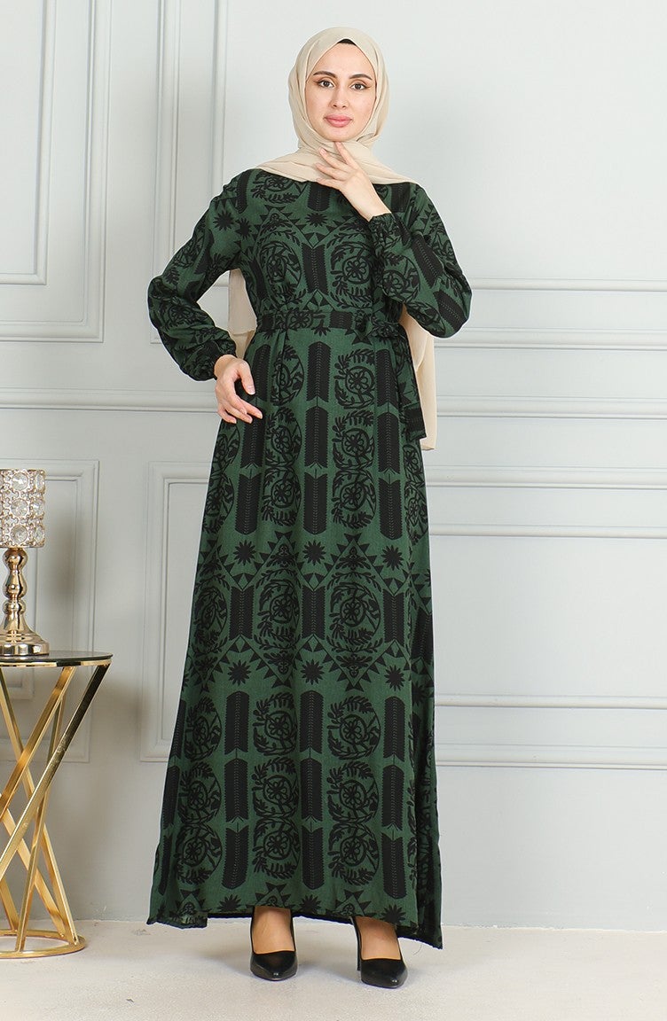 Sefa Merve Patterned Belted Viscose Dress 0499-04 Khaki  - Image 1