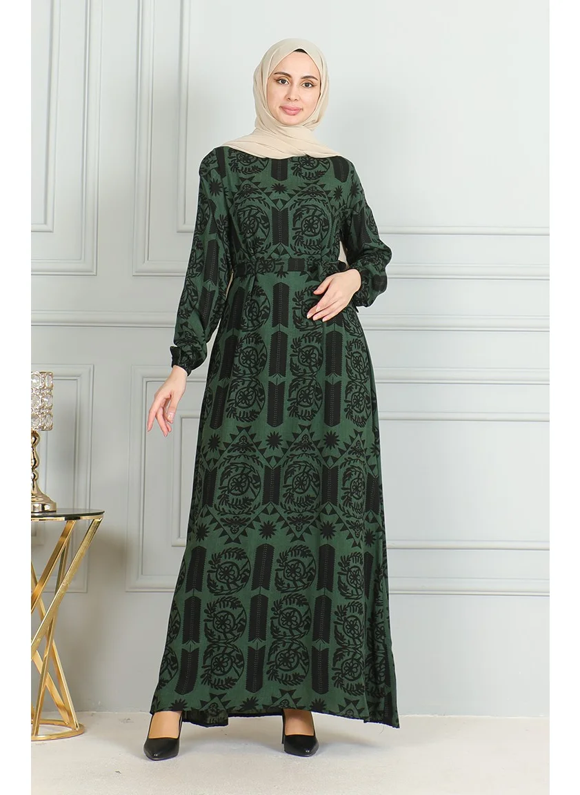 Sefa Merve Patterned Belted Viscose Dress 0499-04 Khaki