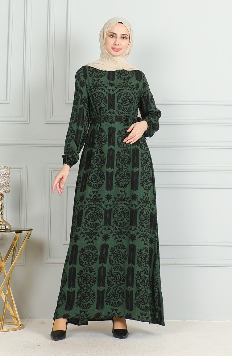 Sefa Merve Patterned Belted Viscose Dress 0499-04 Khaki  - Image 2