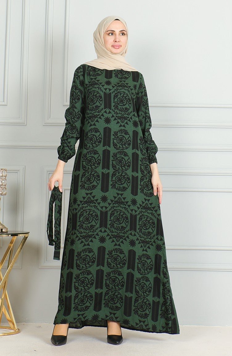 Sefa Merve Patterned Belted Viscose Dress 0499-04 Khaki  - Image 3