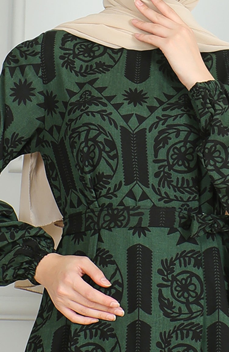 Sefa Merve Patterned Belted Viscose Dress 0499-04 Khaki  - Image 5