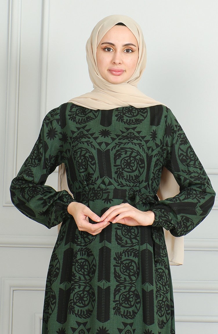 Sefa Merve Patterned Belted Viscose Dress 0499-04 Khaki  - Image 4