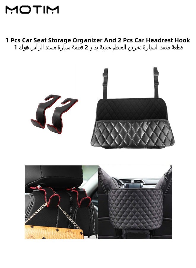 Motim 1 Pcs Car Leather Seat Storage Bag Hanging Organizer and 2 Pcs Car Seat Hooks Vehicle Back Seat Hanger for Purse Groceries Bag  - Image 1