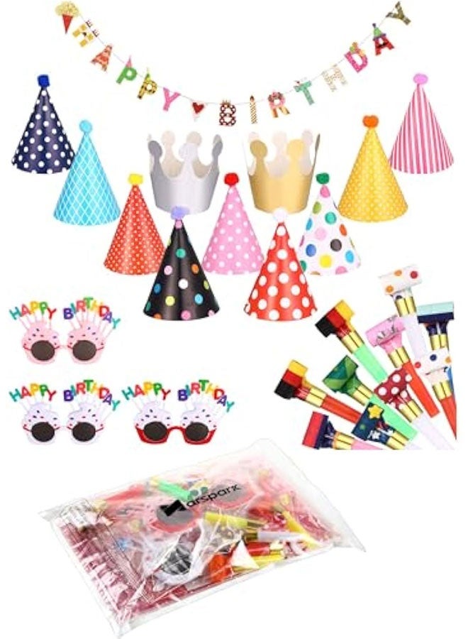 25 Pcs birthday Party Set: 1 Colorful Banner, 3 Glasses, 10 Whistles, 11birthday Party Cone Hats, for birthday parties, anniversaries, photo props, festival celebrations, adding a lot of fun for Festive Decor (Classic Style) - Image 5
