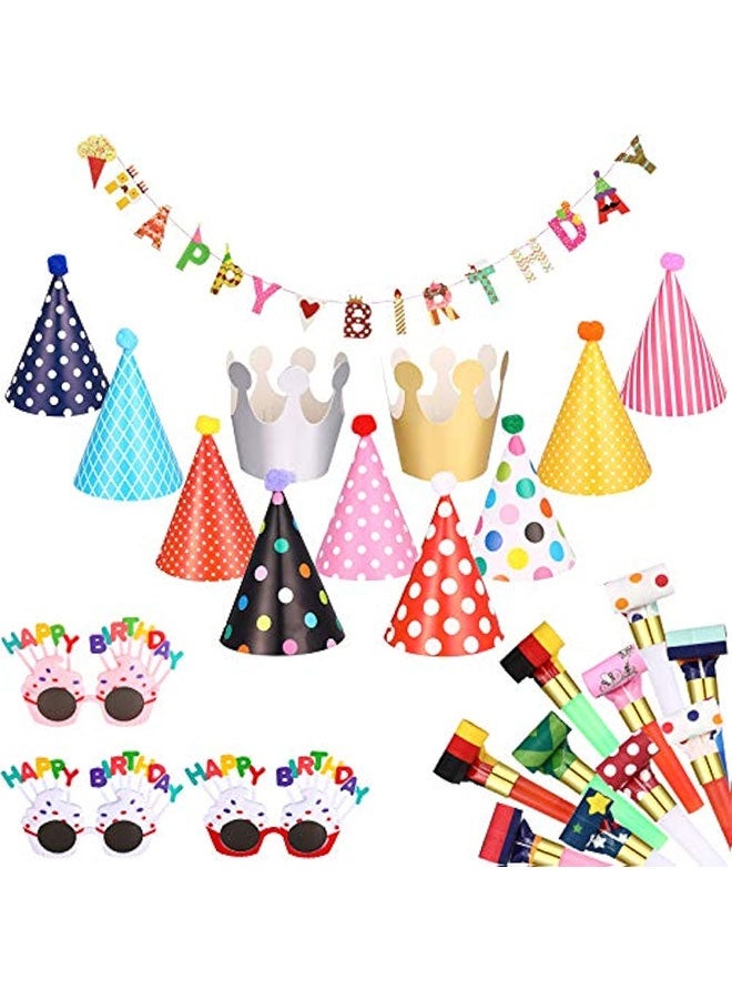 25 Pcs birthday Party Set: 1 Colorful Banner, 3 Glasses, 10 Whistles, 11birthday Party Cone Hats, for birthday parties, anniversaries, photo props, festival celebrations, adding a lot of fun for Festive Decor (Classic Style) - Image 1