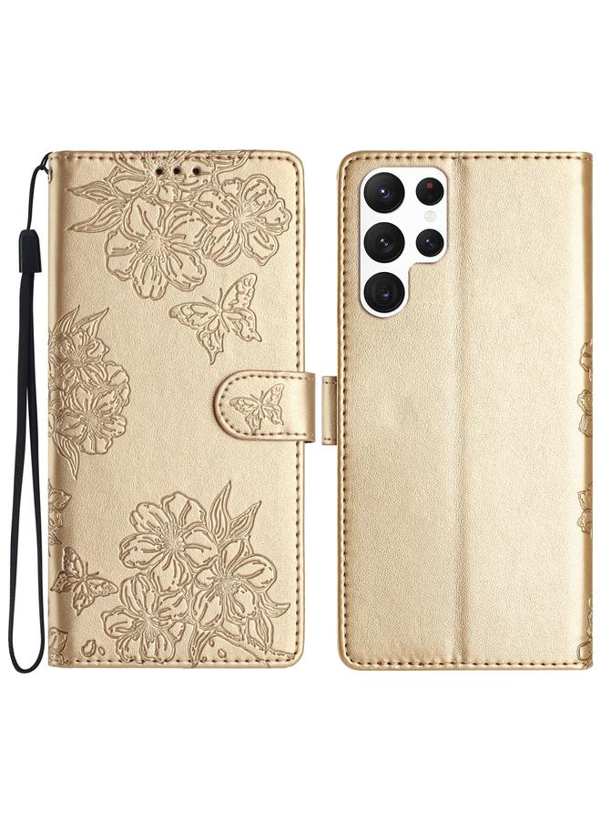 S-TOP Case For Samsung Galaxy S24 Ultra 5G Cherry Blossom Butterfly Skin Feel Embossed PU Phone Case - Image 1