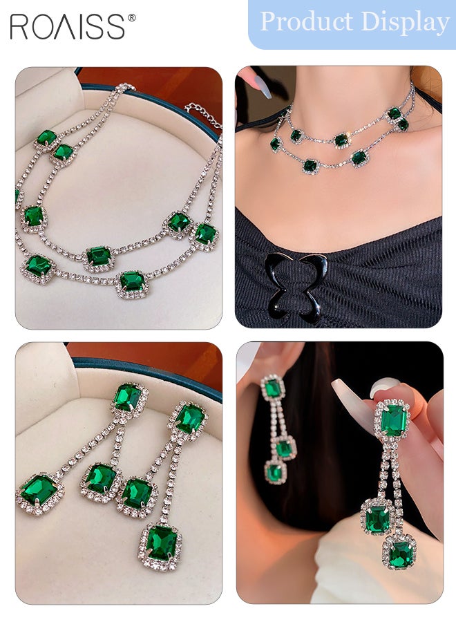 roaiss 3 Pcs Elegant and Luxurious Rhinestone Necklace and Earrings Set, Shiny Square Double-layer Choker, Green Tassel Earrings, Suitable for Women Daily Wear, Weddings, Parties and Other Occasions - Image 5