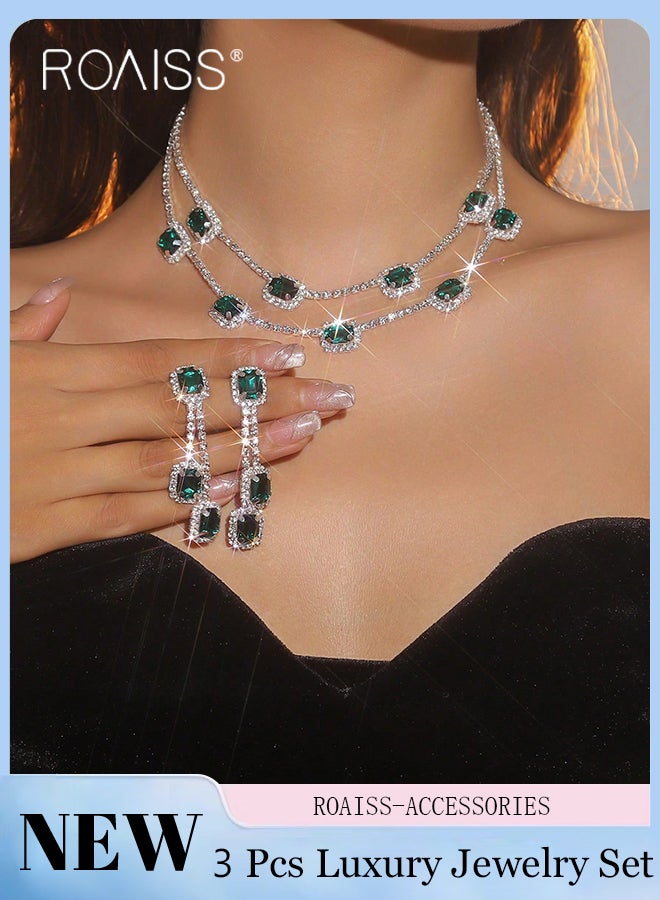 roaiss 3 Pcs Elegant and Luxurious Rhinestone Necklace and Earrings Set, Shiny Square Double-layer Choker, Green Tassel Earrings, Suitable for Women Daily Wear, Weddings, Parties and Other Occasions - Image 1
