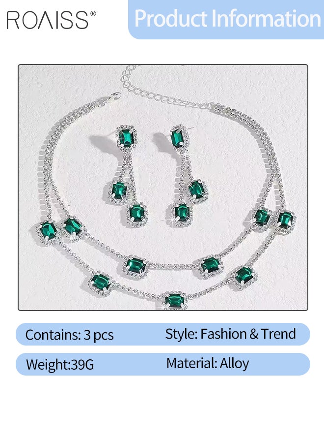 roaiss 3 Pcs Elegant and Luxurious Rhinestone Necklace and Earrings Set, Shiny Square Double-layer Choker, Green Tassel Earrings, Suitable for Women Daily Wear, Weddings, Parties and Other Occasions - Image 2