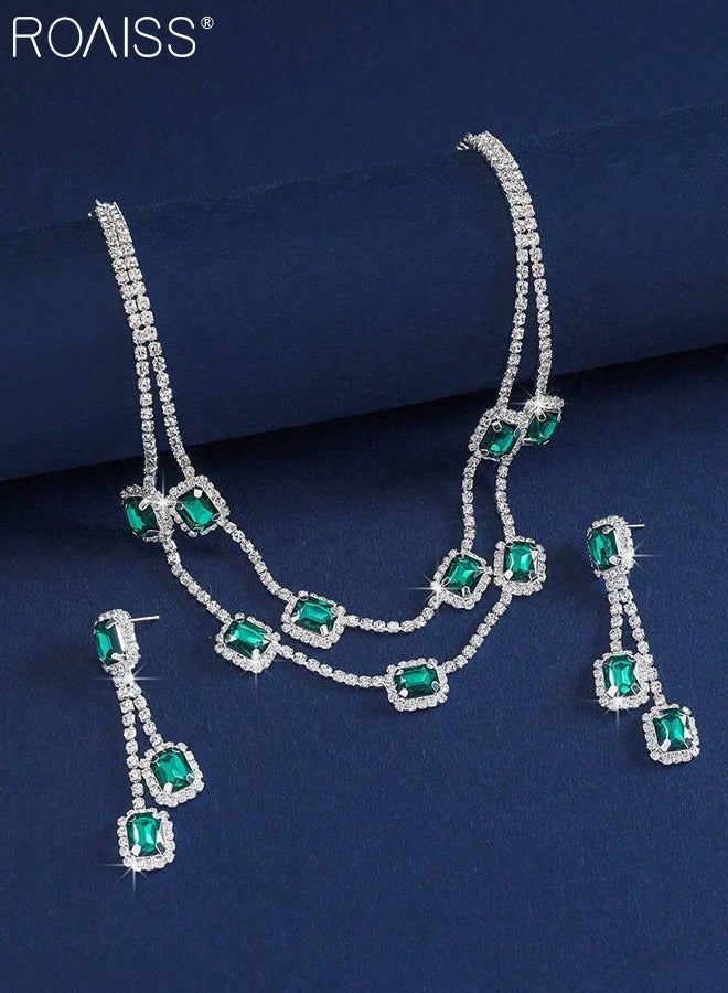 roaiss 3 Pcs Elegant and Luxurious Rhinestone Necklace and Earrings Set, Shiny Square Double-layer Choker, Green Tassel Earrings, Suitable for Women Daily Wear, Weddings, Parties and Other Occasions - Image 4