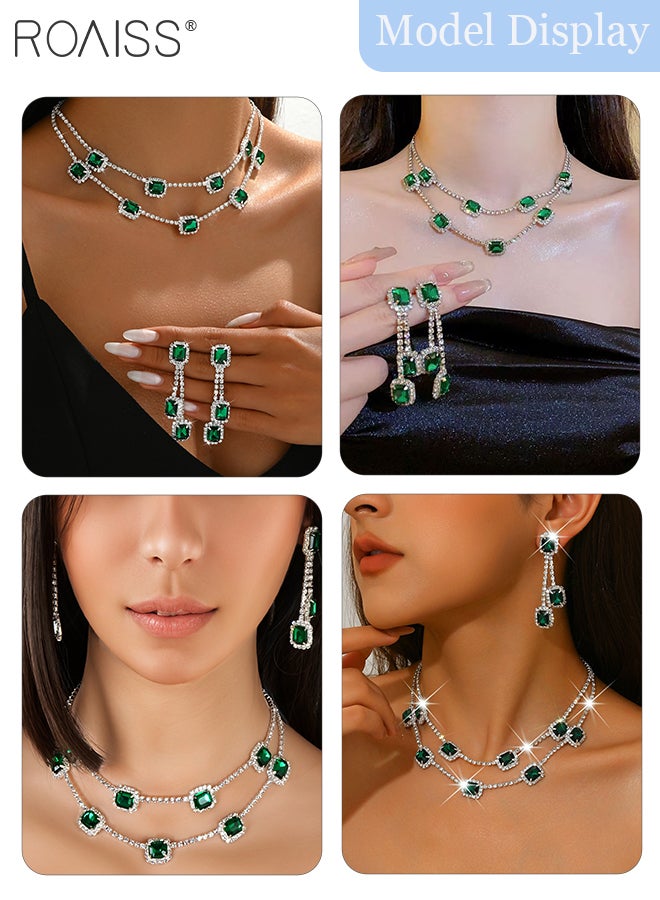 roaiss 3 Pcs Elegant and Luxurious Rhinestone Necklace and Earrings Set, Shiny Square Double-layer Choker, Green Tassel Earrings, Suitable for Women Daily Wear, Weddings, Parties and Other Occasions - Image 3