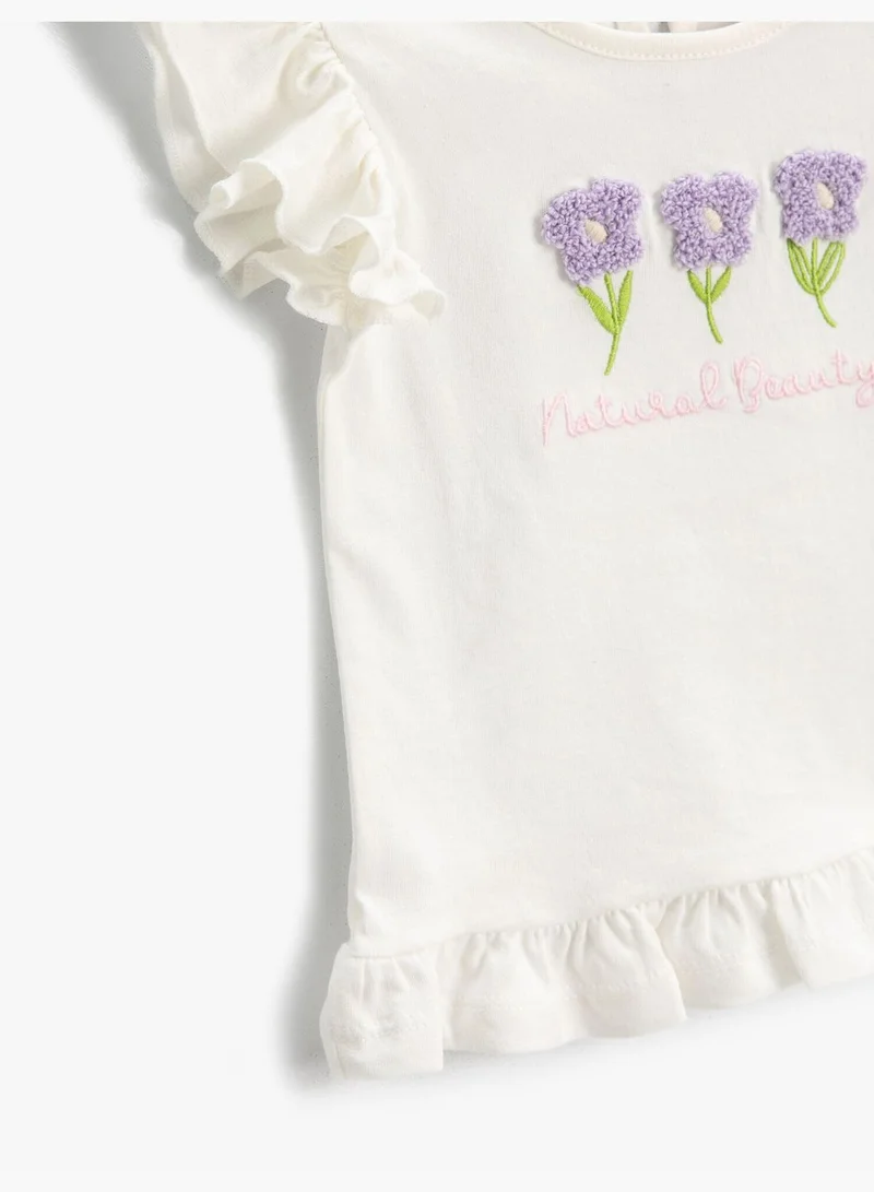 KOTON Embroidered T-Shirt Frilly Sleeve Crew Neck Cotton