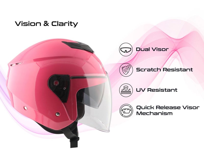 Vega VO 04 Punch Dual Visor Open Face Motorcycle Helmet with Lightweight Shell, Shock-Absorbing Liner, Comfortable Interior, Aerodynamic Design, Ventilated Fit, and Trendy Pink Finish Pink L - Image 5