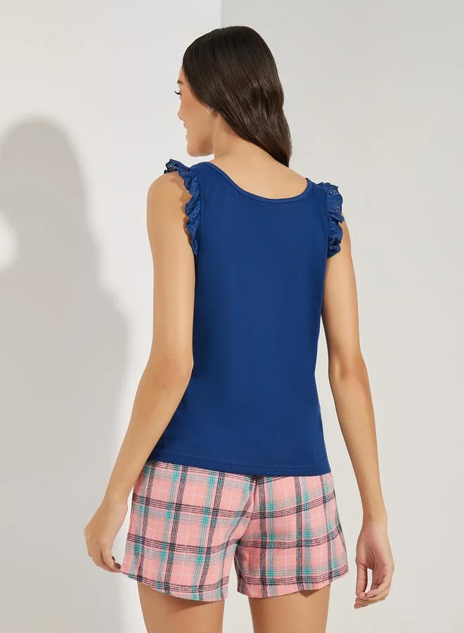 Styli Schiffli Trim Solid Vest & Check Print Shorts Set