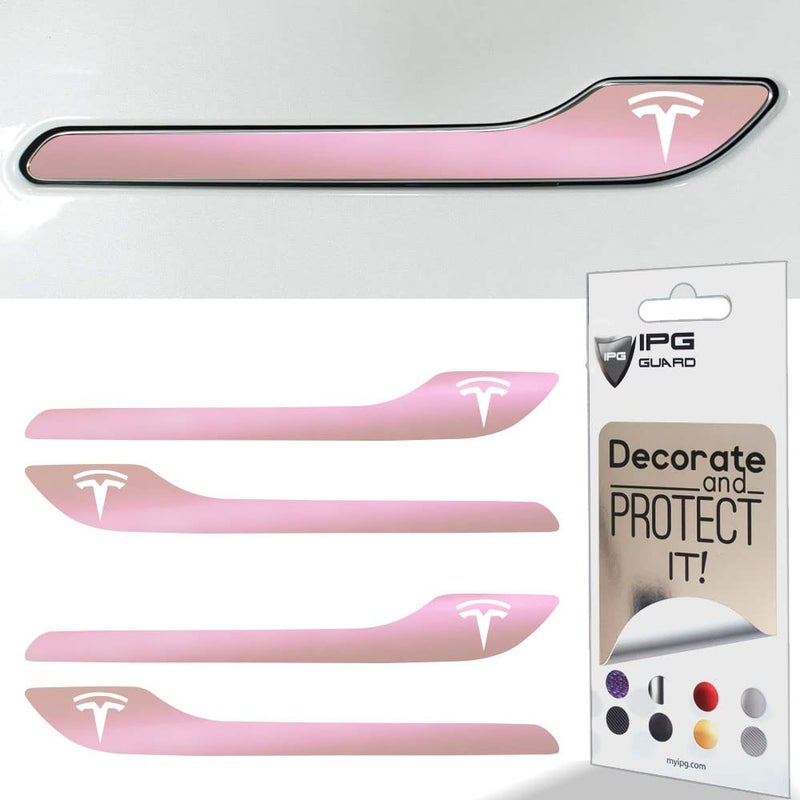 IPG Compatible for Model 3 Model Y Door Handle Decal Sticker Wrap Kit Set of 4 with Tesla Logo Personalize Your Tesla Logo Pink Pearl