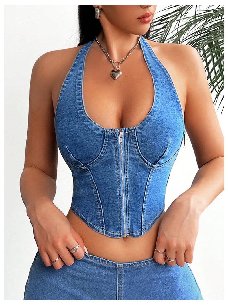 MakeMeChic Women's Denim Vest Top Halter Sleeveless Open Back Jean Crop Corset Tops Blue Small - Image 5
