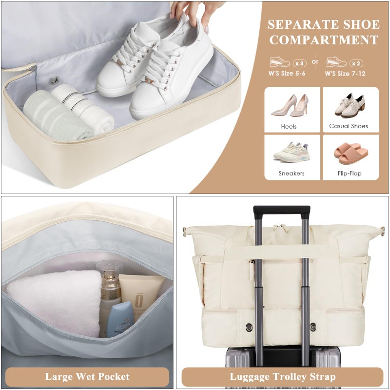 ETRONIK Gym Bag for Women, 45L Carry On Travel Duffel Bag with Shoes Compartment, Weekender Overnight Bag with Wet Pocket & USB Charging Port for Women, Travel, Gym, Weekend, Large Size (Beige) - Image 4