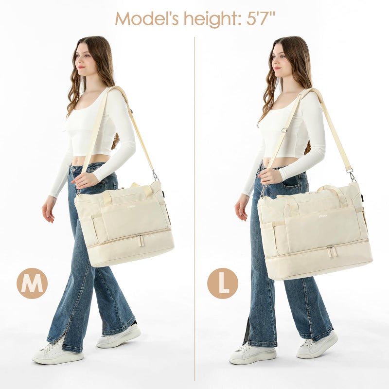 ETRONIK Gym Bag for Women, 45L Carry On Travel Duffel Bag with Shoes Compartment, Weekender Overnight Bag with Wet Pocket & USB Charging Port for Women, Travel, Gym, Weekend, Large Size (Beige) - Image 2