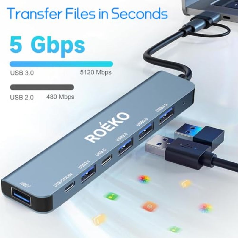 USB Hub 3.0, USB c hub, USB hub with Multiport Adapter, USB Splitter with 1xUSB 3.0, 4xUSB2.0, 2 x USB C, Hub for MacBook Pro/PC/Laptop/Tablet Devices Grey 7in1 - Image 4