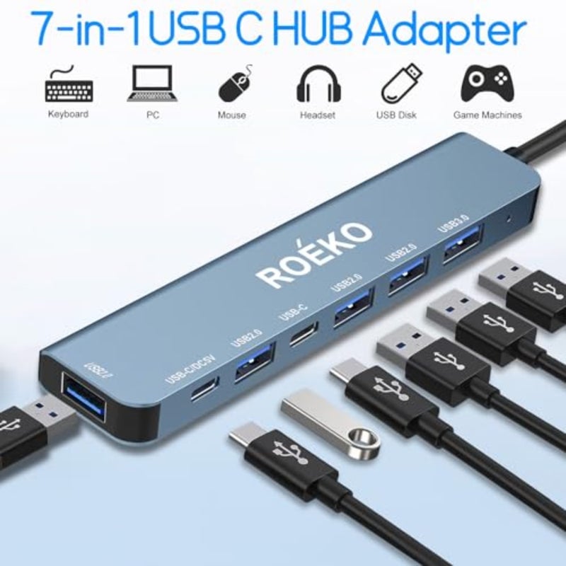 USB Hub 3.0, USB c hub, USB hub with Multiport Adapter, USB Splitter with 1xUSB 3.0, 4xUSB2.0, 2 x USB C, Hub for MacBook Pro/PC/Laptop/Tablet Devices Grey 7in1 - Image 2