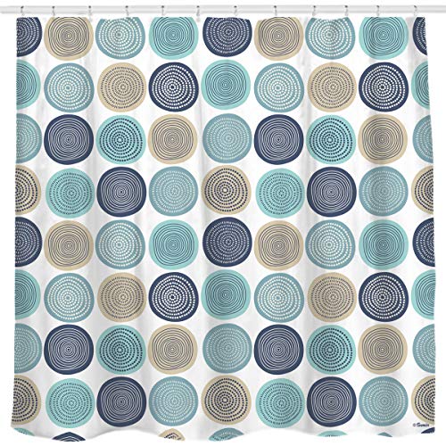 Sunlit Abstract Tree Rings Woody Artistic Fabric Shower Curtain. Nature Pale Blue Teal Beige Light Brown - Image 1