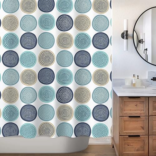 Sunlit Abstract Tree Rings Woody Artistic Fabric Shower Curtain. Nature Pale Blue Teal Beige Light Brown - Image 4