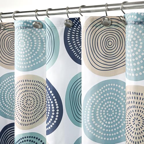 Sunlit Abstract Tree Rings Woody Artistic Fabric Shower Curtain. Nature Pale Blue Teal Beige Light Brown - Image 2
