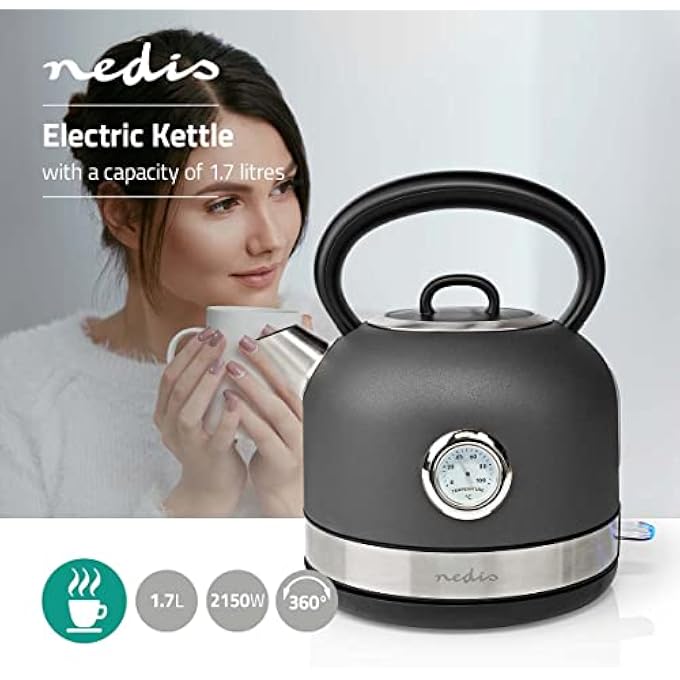 NEDIS Kawk310Egy Electric Kettle  17 L  Stainless Steel  Grey  Temperature Indicator  Rotatable 360 Degrees  Concealed Heating Element  Strix Controller  BoilDry Protection - Image 3