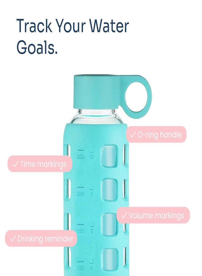 purifyou Premium 40/32 / 22/12 oz Glass Water Bottles with Volume & Times to Drink, Silicone Sleeve & Stainless Steel Lid Insert, Reusable Bottle for Fridge Water, Milk, Juice (12oz Aqua Blue) - Image 3