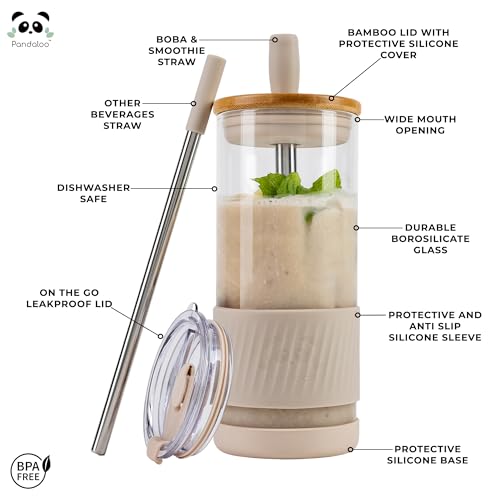 Pandaloo® Glass Cups With Lids and Straws -20 Fl Oz- Perfect Size Iced Coffee Cup - Smoothie Cup With Bamboo Lid and On the go Lid (Creamy Mushroom, 1 Count (Pack of 1) - Image 2