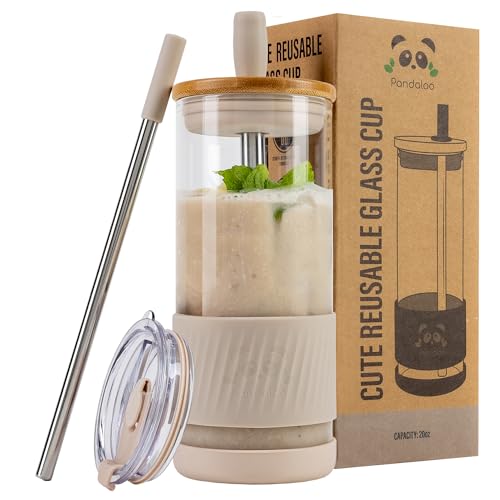 Pandaloo® Glass Cups With Lids and Straws -20 Fl Oz- Perfect Size Iced Coffee Cup - Smoothie Cup With Bamboo Lid and On the go Lid (Creamy Mushroom, 1 Count (Pack of 1) - Image 1