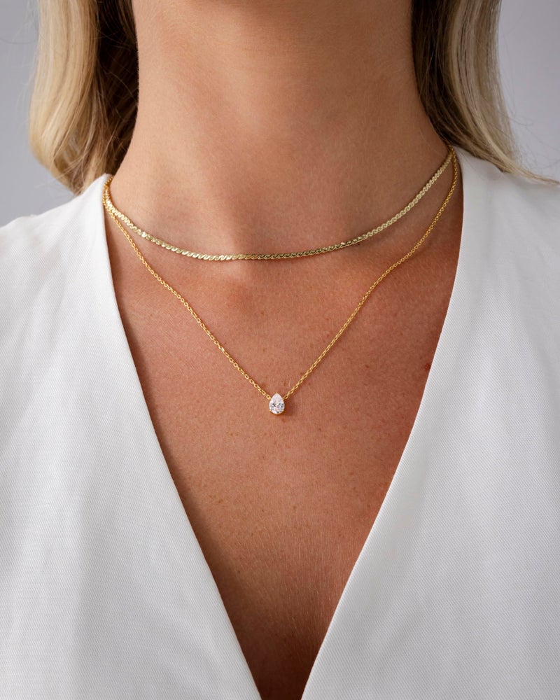 PAVOI Rhodium Plated Serpentine Chain Choker with Solitaire Pear-Cut Stone Pendant Layering Necklace Pack for Women | Cubic Zirconia Statement Layered Necklace Set - Image 2