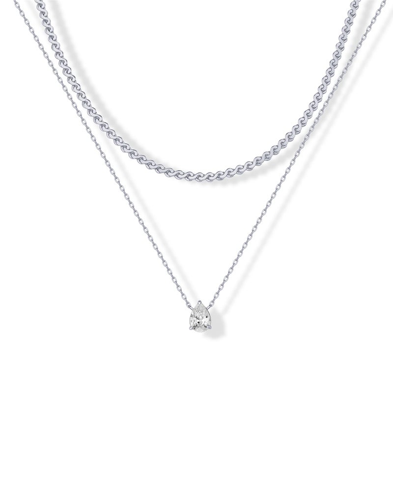 PAVOI Rhodium Plated Serpentine Chain Choker with Solitaire Pear-Cut Stone Pendant Layering Necklace Pack for Women | Cubic Zirconia Statement Layered Necklace Set - Image 1