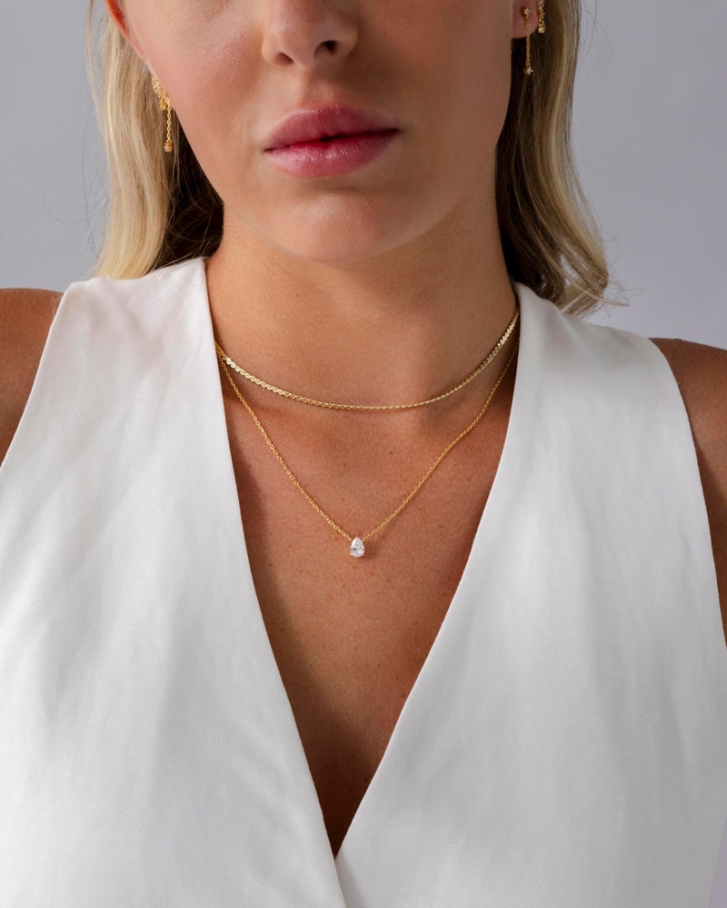 PAVOI Rhodium Plated Serpentine Chain Choker with Solitaire Pear-Cut Stone Pendant Layering Necklace Pack for Women | Cubic Zirconia Statement Layered Necklace Set - Image 3