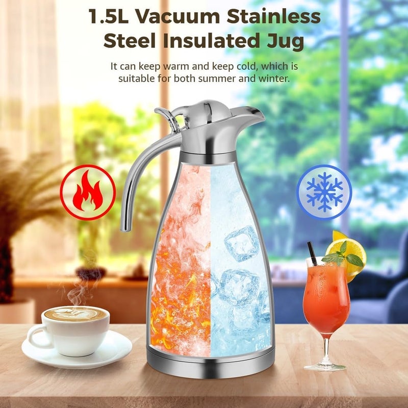 1.5 L Stainless Steel Coffee Jug, Tea Pot Double-Walled Insulated, One-Handed Thermal Kettle, Vacuum Insulated Coffee Pot Keep Cold And Warm For Coffee, Tea, Soybean Milk, 0.3 Gallons - Image 3