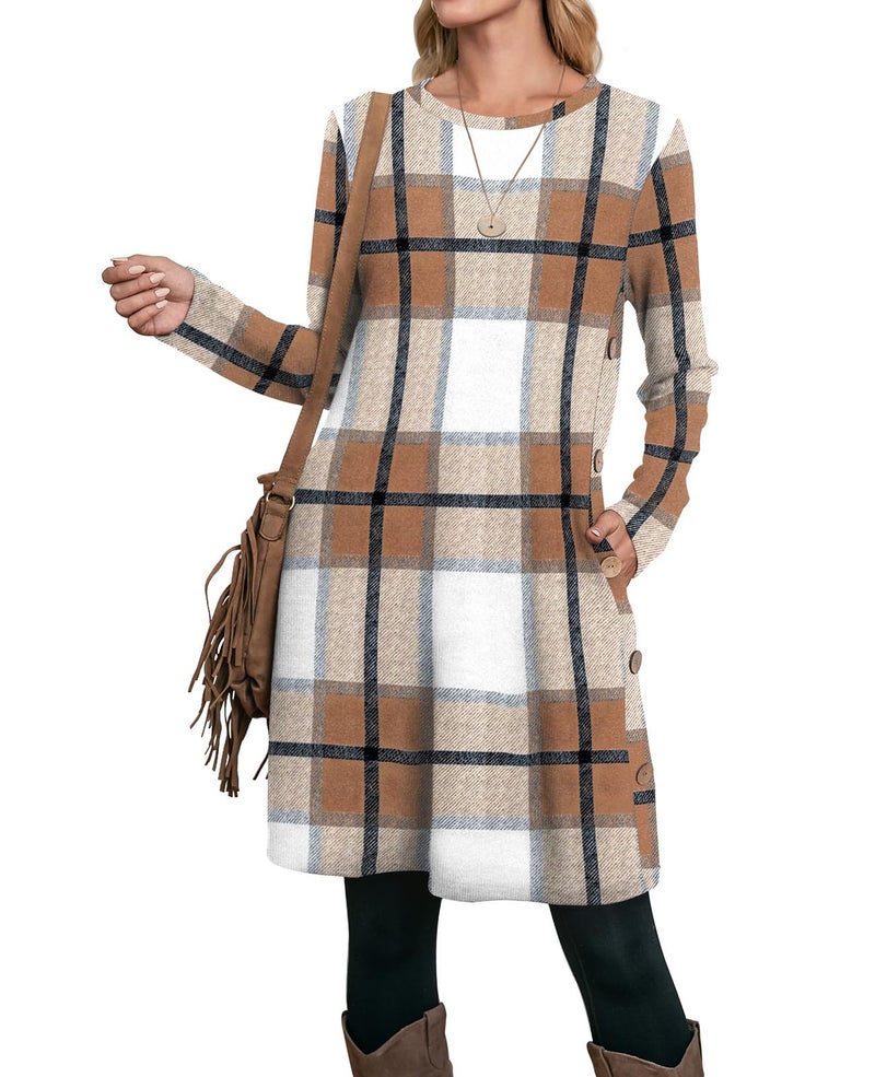 OFEEFAN Fall Dresses for Women 2025 Sweater Dress Long Sleeve Dress for Women Early Fall Fashion Casual Winter Dresses 2025 Plaid M - Image 4