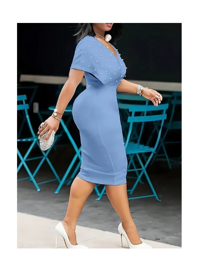 general Solid color strapless V-neck short-sleeved back zipper dress - Image 2