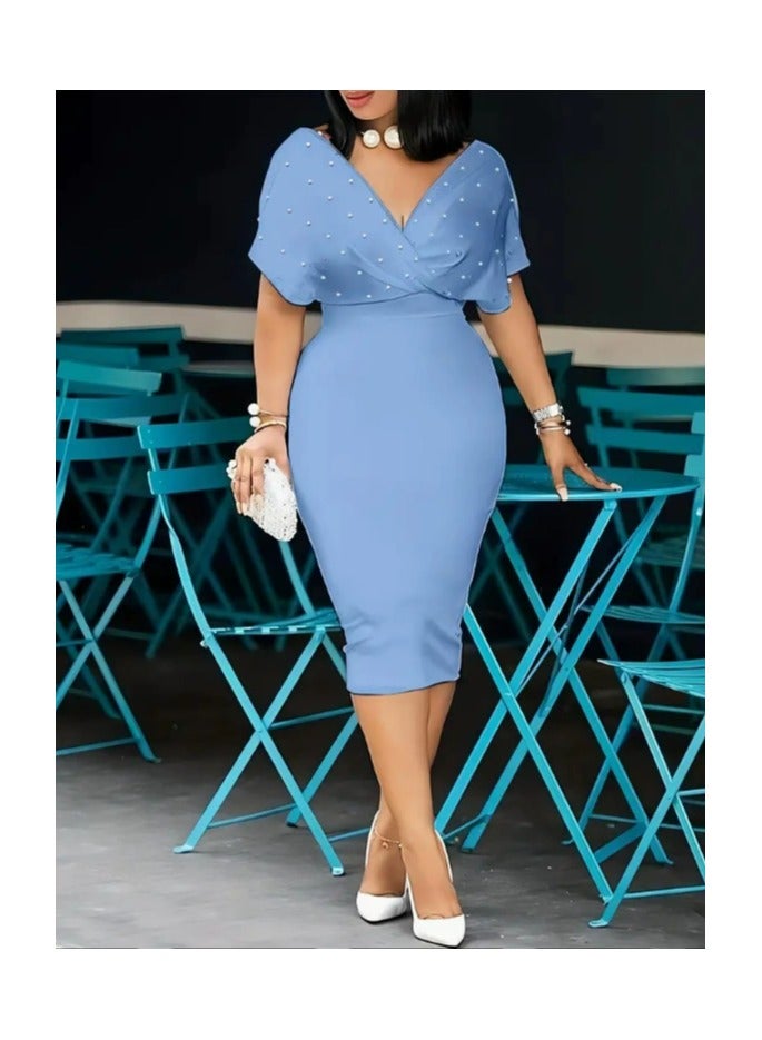 general Solid color strapless V-neck short-sleeved back zipper dress - Image 1