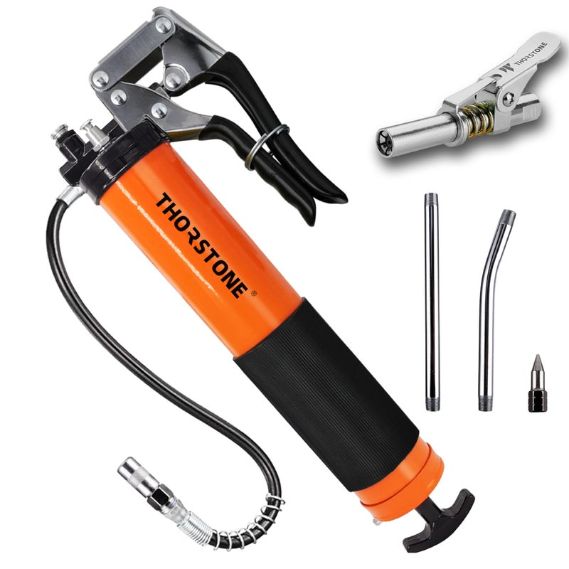 Thorstone 7000PSI Heavy Duty Pistol Grip Grease Gun Kit 14oz Load Capacity 18 Spring Flex Hose 1 Lock Coupler 1 Reinforced Coupler 1 Sharp Type Nozzle 2 Extension Rigid Pipe
