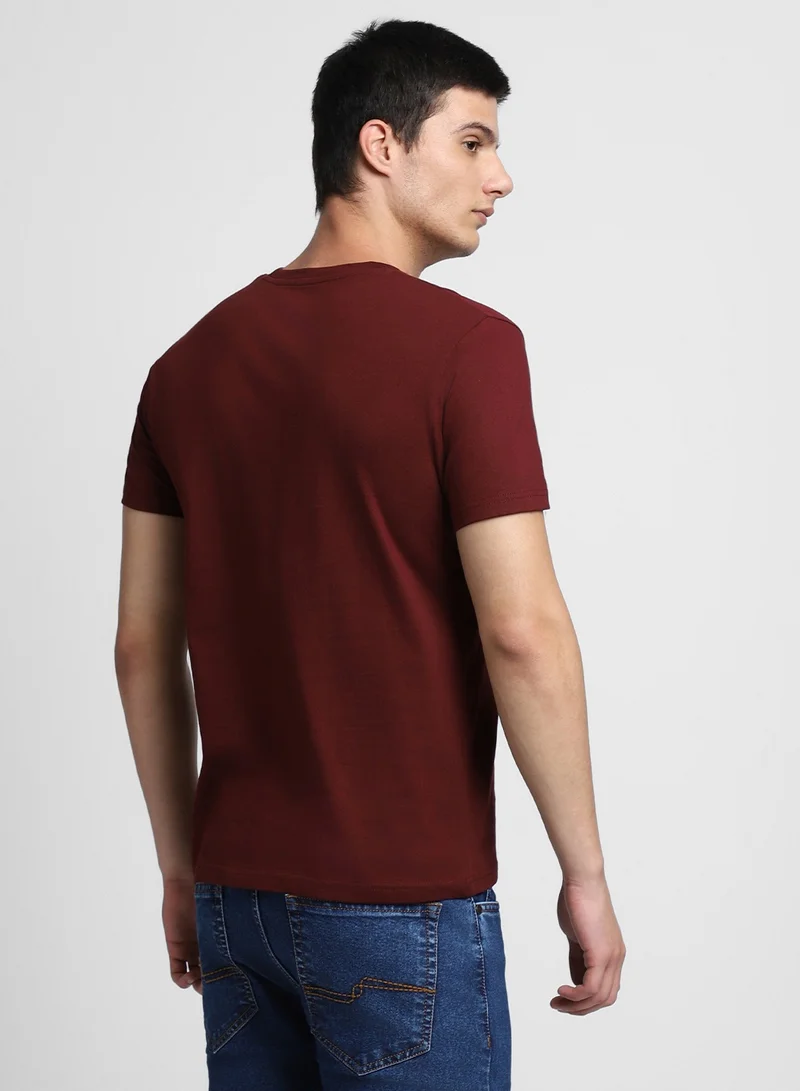 Dennis Lingo Maroon Slim Fit Graphic Crew Neck T-shirt for Men - 100% Cotton, Short Sleeve, Casual,